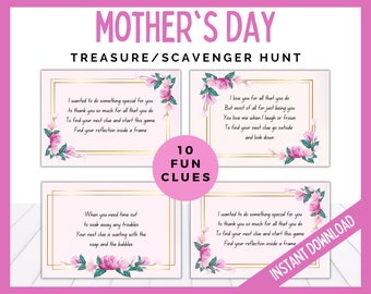 Mother's Day Scavenger Hunt, Mother's Day Treasure Hunt Clues, Mothers Day Clue Cards, Mothers Day Treasure Hunt, Mother's Day Game, Riddles