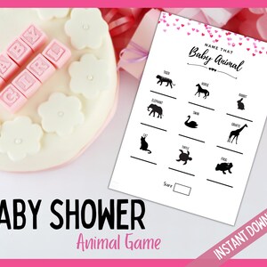 Baby-Dusche-Tier-Spiel, Name der Baby-Tier-Baby-Dusche-Spiel, Baby-Tier-Spiel erraten, druckbares Spiel für Tierbabys Baby-Dusche, rosa Thema
