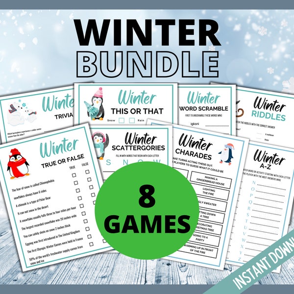 Winter Games Bundle, 8 Fun Winter Games, Holiday Party Game, Wintertime Activity, Cold Weather Fun Game for Kids, Teens and Adults