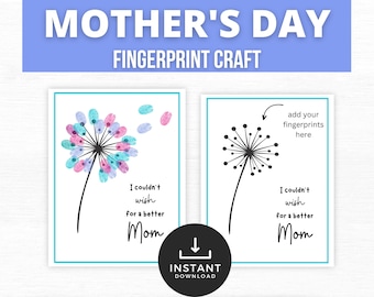 May include: Two printable Mother's Day cards featuring a dandelion with the text "I couldn't wish for a better Mom". One card has a blank dandelion for fingerprints, the other has a dandelion with pink and blue fingerprints.