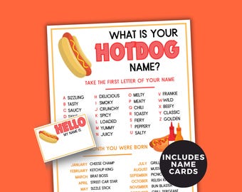 What is your Hotdog Name Game Printable, BBQ Cookout, Summer Barbecue, Family reunion, Icebreaker game, Bratwurst Party activity