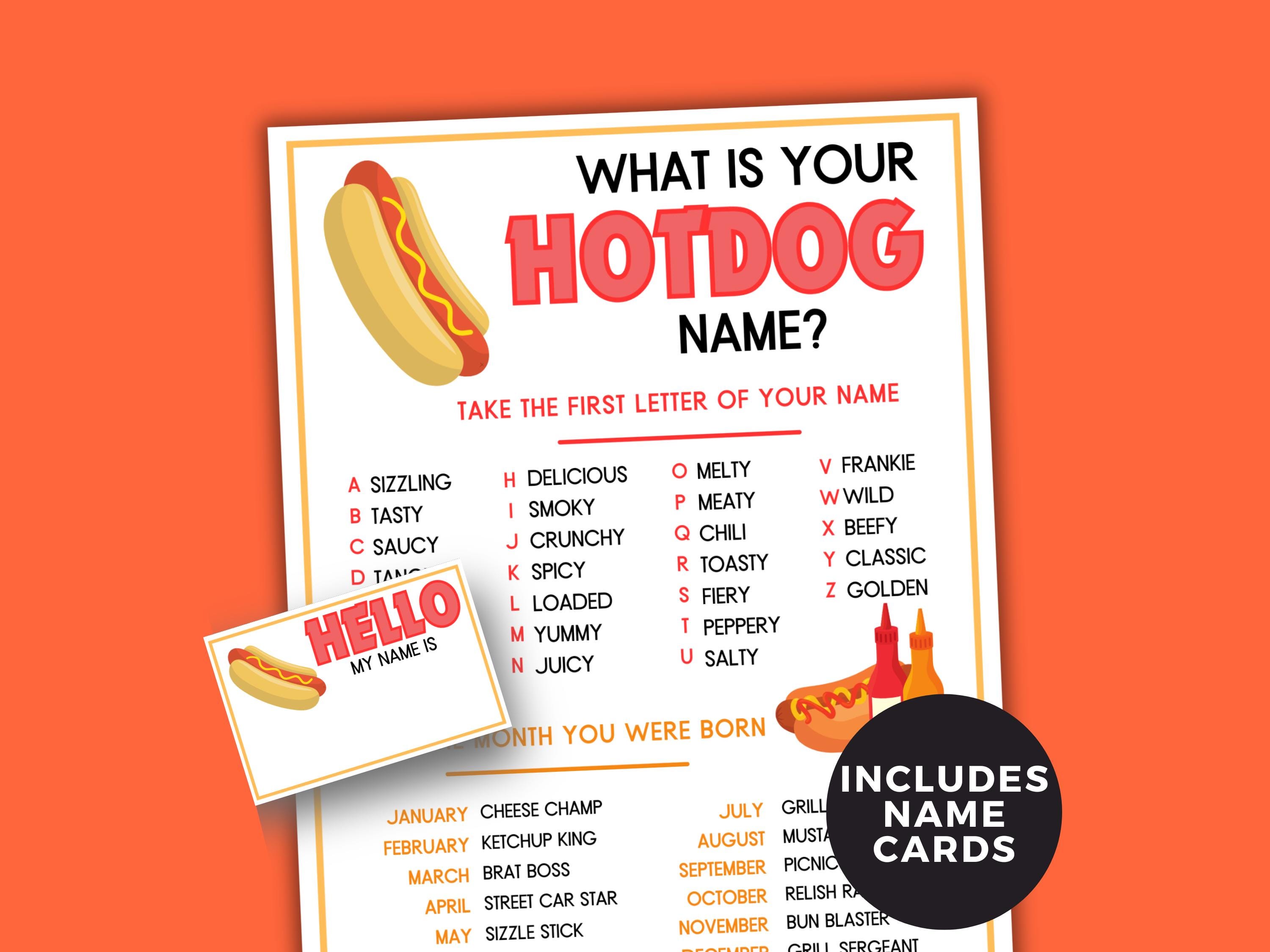 What is Your Hotdog Name Game Printable, BBQ Cookout, Summer Barbecue ...
