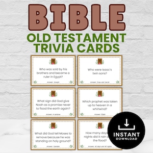May include: A set of Bible Old Testament trivia cards. The cards feature questions and answers about biblical events and figures. The design includes a brown and green color scheme with decorative floral elements. The words "BIBLE OLD TESTAMENT TRIVIA CARDS" are displayed at the top.