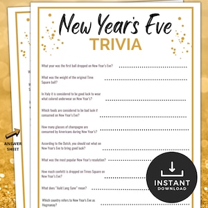New Years Trivia Game, New Years Eve Trivia, NYE Trivia Party Printable NYE activity, Fun Party Game for Teens and Adults