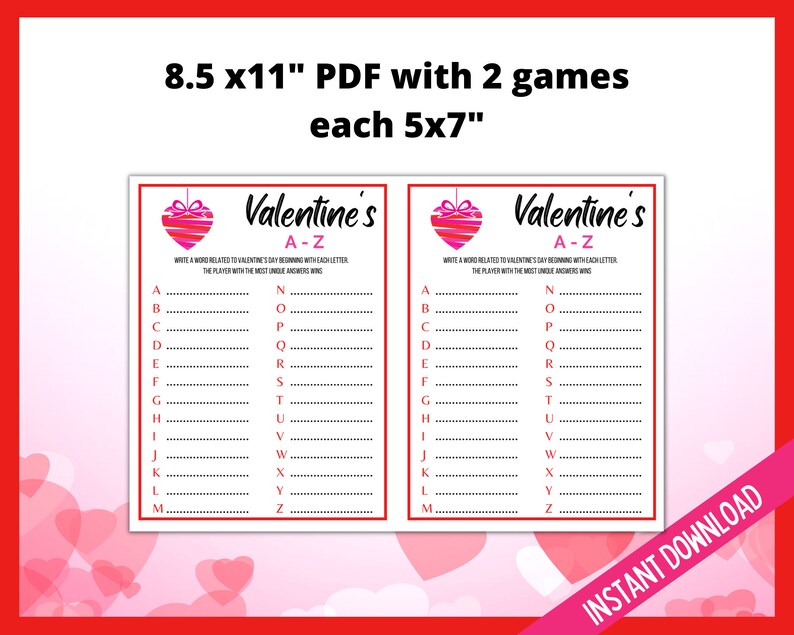 Valentine's Day A-Z Game, Valentine's Day Game, Galentine's Day Party Games, V-Day Games, Fun Valentines Day Games, Valentines Printables image 4