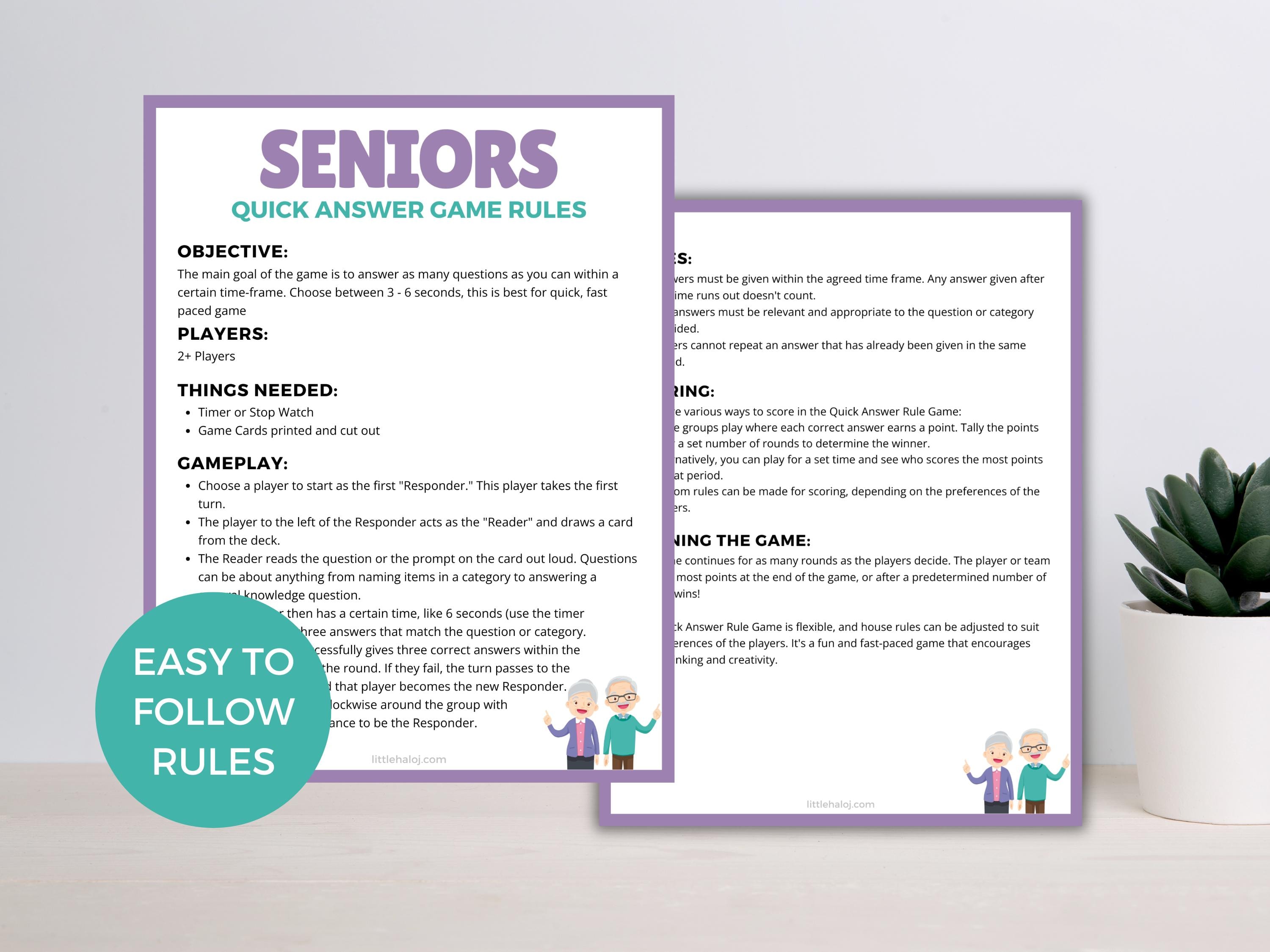 Quick Answer Game, Dementia Activities for Seniors, Dementia Activities