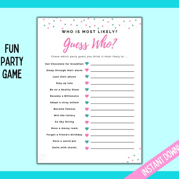 Guess Who Teen Party Game, Who is most likely to Birthday Party printable Game, Teen games, Teenager Party Game, Printable Party Game