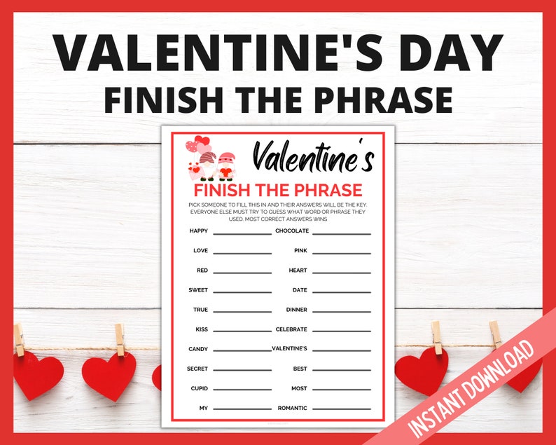 Valentines Day Finish the Phrase, Valentines Day Party Game, Fun Valentines Day Printable Games, Galentine's Day Party Games, V-Day Games image 1