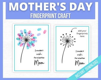 Mothers Day Fingerprint Art, Fingerprint Flower Craft, Gift for Mom, Mother's Day Craft, Mothers Day Card, Mother's Day Grandma Nana