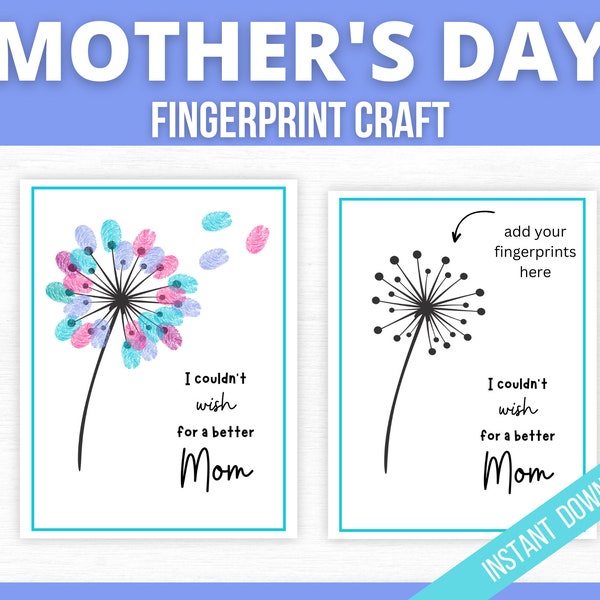 Mothers Day Fingerprint Art, Fingerprint Flower Craft, Gift for Mom, Mother's Day Craft, Mothers Day Card, Mother's Day Grandma Nana