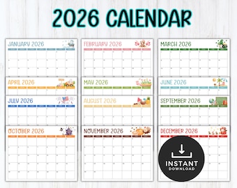 2026 Printable Kids Calendar, Monthly Planner, Cute Printable Kids Monthly Wall Calendar, Digital Download
