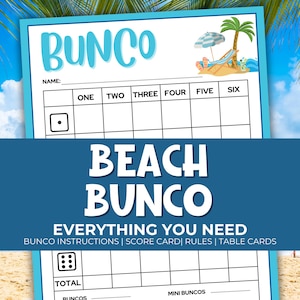 Pacote de festa para impressão e cartões de pontuação Beach Bunco, regras do jogo Bunco, folha de contagem, download, jogo de festa de verão, jogo de dados