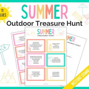 May include: A printable summer outdoor treasure hunt game with 11 clues. The game features a colorful design with pink, yellow, and blue accents. The game includes a beach theme with a beach sign, a beach umbrella, and a beach ball.
