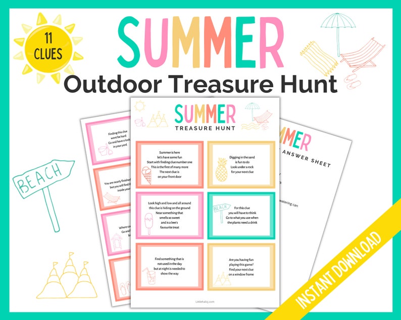 May include: A printable summer outdoor treasure hunt game with 11 clues. The game features a colorful design with pink, yellow, and blue accents. The game includes a beach theme with a beach sign, a beach umbrella, and a beach ball.