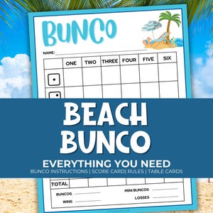 Beach Bunco Printable Party Pack and Scorecards, Bunco Game Rules, Tally Sheet, Download, Summer Party Game, Dice Game