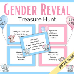 Gender Reveal Treasure Hunt Clues, Gender Reveal Scavenger Hunt, Gender Reveal Party Games, Fun Baby Shower Spiele, Baby Shower Treasure Hunt