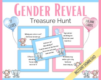 Gender Reveal Treasure Hunt Clues, Gender Reveal Scavenger Hunt, Gender Reveal Party Games, Fun Baby Shower Games, Baby Shower Treasure Hunt