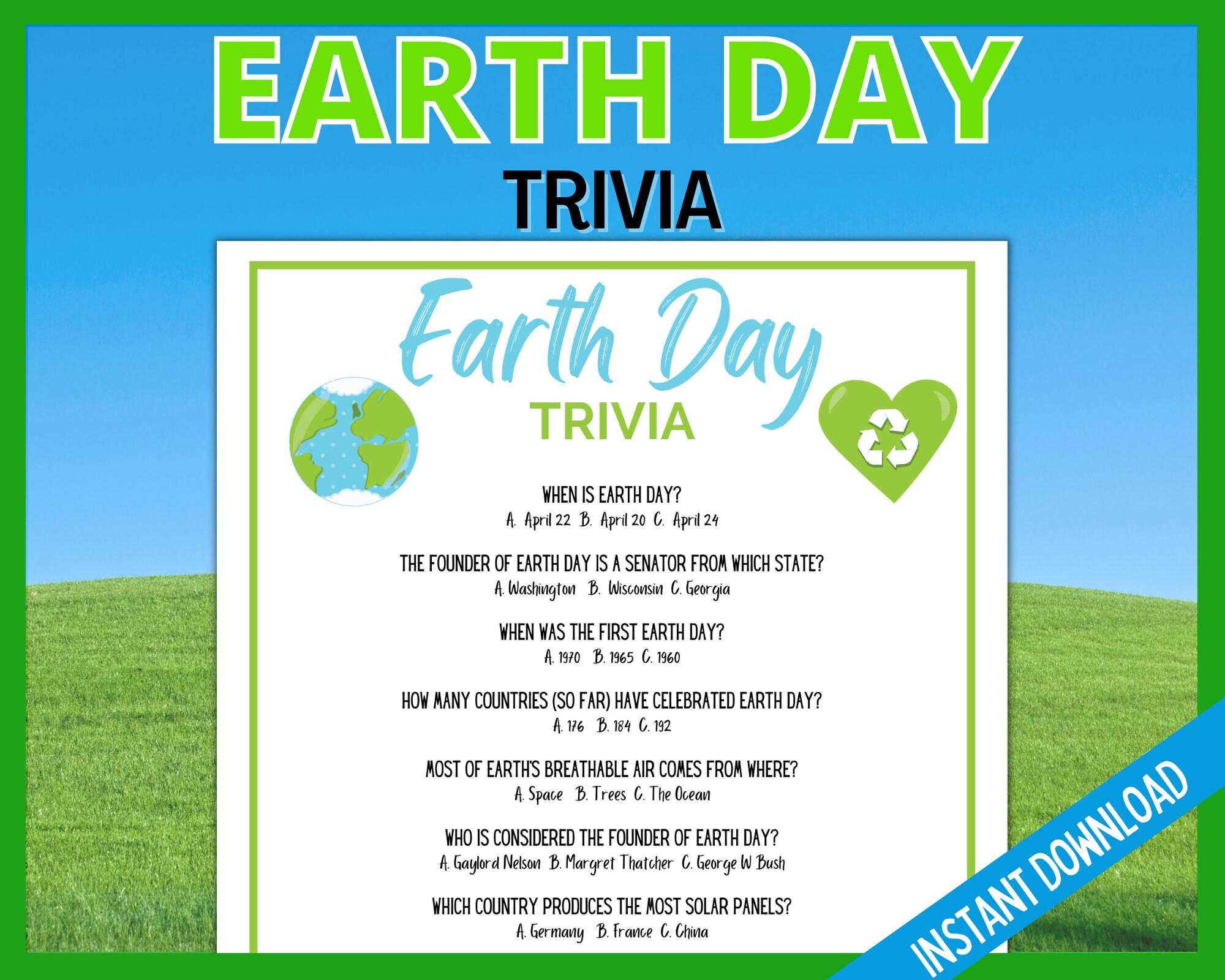 Earth Day Trivia Printable Earth Day Trivia Games Earth Day Etsy