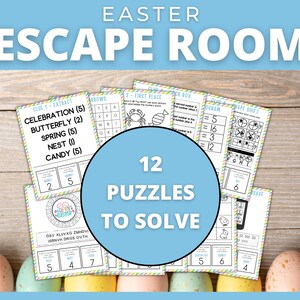 May include: A set of 12 printable Easter escape room puzzles. The puzzles are on white paper with black text and illustrations. The puzzles include a word search, a code breaker, a shape shift, and a logic puzzle. The puzzles are designed to be used for an Easter-themed escape room.