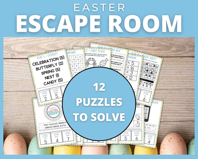 May include: A set of 12 printable Easter escape room puzzles. The puzzles are on white paper with black text and illustrations. The puzzles include a word search, a code breaker, a shape shift, and a logic puzzle. The puzzles are designed to be used for an Easter-themed escape room.