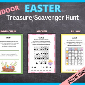 May include: Printable Easter scavenger hunt game with three clues. The first clue is under a chair, the second is in the kitchen, and the third is on a pillow. Each clue has a word puzzle to solve.