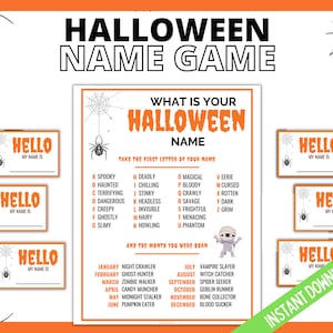¿Cuál es tu nombre de Halloween? Juegos imprimibles de Halloween Actividad divertida y espeluznante de Halloween Fiesta de Halloween Actividad de Halloween para adultos y niños