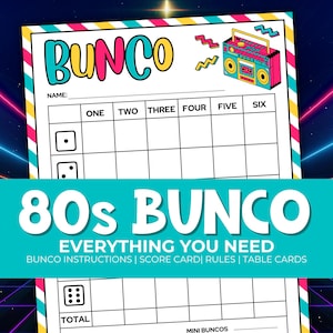 Pacchetto stampabile per feste e segnapunti Bunco anni '80, regole del gioco Bunco, foglio di conteggio, download, gioco per feste anni '80, gioco di dadi Decades