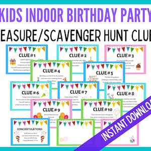 Birthday Treasure Hunt Clues, Birthday Scavenger Hunt Clues, Kids Indoor Party Clues, Kids Birthday Party Games, Instant Download, Bday game