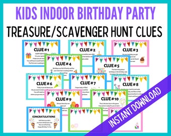Birthday Treasure Hunt Clues, Birthday Scavenger Hunt Clues, Kids Indoor Party Clues, Kids Birthday Party Games, Instant Download, Bday game