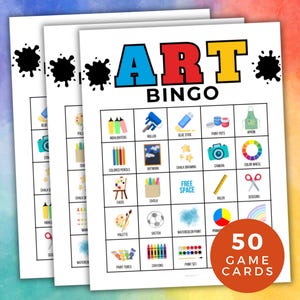 Bingo de arte, juego de fiesta de arte, actividad de artista, juego de bingo para niños, diversión en el aula, 50 tarjetas de bingo de juegos de arte imprimibles