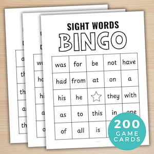 Bingo avec mots à vue, 200 cartes de bingo, 100 premiers mots de Fry, mots à haute fréquence, salle de classe, activité d'apprentissage, jeu amusant à imprimer pour enfants