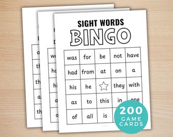 Sight Words Bingo, 200 Bingo Cards, Fry's First 100 Words, High Frequency Words, Classroom, Learning Activity, Fun Kids Printable Game