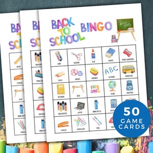 Bingo pour la rentrée scolaire, jeu de fête pour la classe, 50 cartes de bingo imprimables pour la rentrée scolaire, activité de rentrée scolaire pour les enfants, jeu de groupe