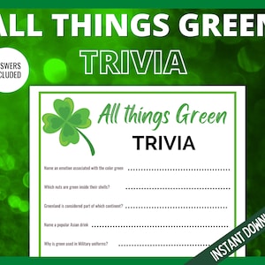 All Things Green Trivia, St Patrick's Day Green Trivia, St Patricks Day Games, Teen St Patricks Day, St Paddy's Party Games, Trivia Game image 1
