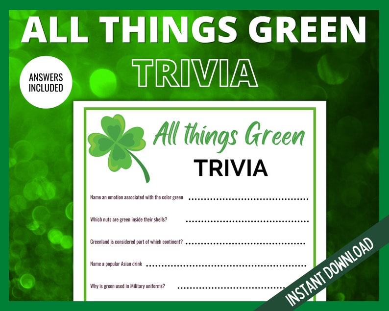 All Things Green Trivia, St Patrick's Day Green Trivia, St Patricks Day Games, Teen St Patricks Day, St Paddy's Party Games, Trivia Game image 1