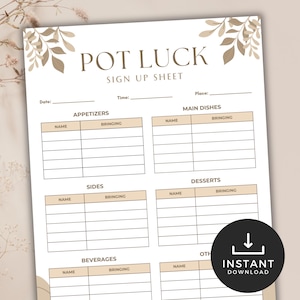 Potluck Sign Up Sheet, Party Food Sign Up Sheet, Printable Food Organizer, Parties Potluck Sign Up Sheet, Minimalist Design