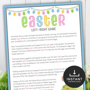 May include: A printable Easter-themed Left-Right game with a light blue border and colorful bunting. The word "Easter" is in large, playful letters. The game text is in black, with the words "left" and "right" highlighted in pink.