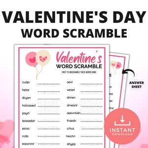 Op de afbeelding: Een printbaar Valentine's Day-woordspel met roze harten en ballonnen. Het spel bevat een lijst met woorden om te ontcijferen en een antwoordblad.