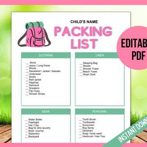 Bearbeitbare Camp Packliste, Urlaubs Packliste, Reise Packliste, Sommer Camp Briefpapier, Kinder Sommer Camp, Urlaubsplaner