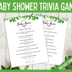 Baby Shower Trivia Game, Baby Trivia Game, Baby Shower Printable Party Games, Gender Neutral Baby Shower Games, Greenery Baby Shower Quiz