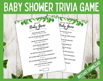 Baby Shower Trivia Game, Baby Trivia Game, Baby Shower Printable Party Games, Gender Neutral Baby Shower Games, Greenery Baby Shower Quiz