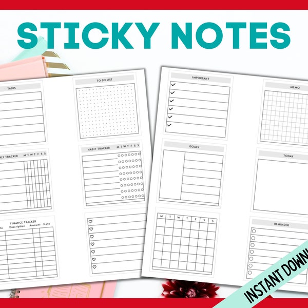 12 Sticky Notes for your Planners, Printable Sticky Notes, To Do List, Tasks, Reminders, Minimalist Designs, Ink Friendly Sticky Notes