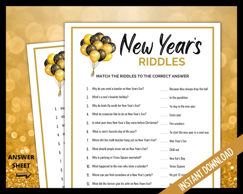 New Year's Eve Riddles, NYE Party Games, New Years Eve Printable Game, New Years Eve Party Games, Fun New Years Eve Jokes, Riddle Me This image 1