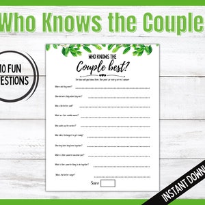Who Knows The Couple Best, Bridal Shower Game, Wedding Shower Game, Printable Bridal Shower Game, Bride and Groom Party,Printable, Instant