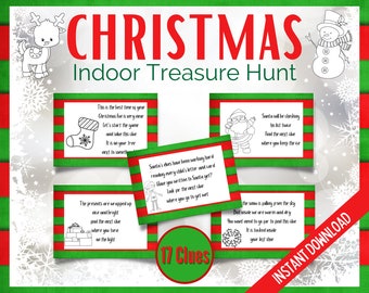 Christmas Indoor Treasure Hunt, Christmas Scavenger Hunt, Xmas Party Games, Christmas Clue Cards, Treasure Hunt Clues, Red and Green Hunt