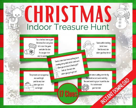 Christmas Indoor Treasure Hunt, Christmas Scavenger Hunt, Xmas Party Games, Christmas Clue Cards 