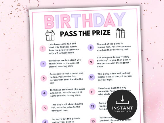Pass the Parcel Party Game, Kids Party Printable Game, Birthday Party Printable Game, Pass the Prize, Pink