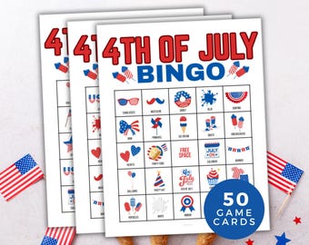 Bingo del 4 de julio, Juego de bingo del 4 de julio, 50 tarjetas de bingo imprimibles del 4 de julio, Actividad del 4 de julio, Juegos de fiesta con temática del Día de la Independencia