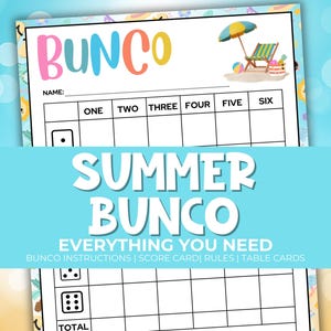 Paquete de fiesta imprimible y tarjetas de puntuación de Bunco de verano, reglas del juego Bunco, hoja de recuento, descarga, juego de fiesta de verano, juego de dados de temporada