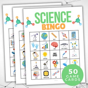 Tarjetas de bingo de ciencias, imprimibles de ciencias, juego de ciencias para el aula, actividad de científico loco, bingo de química, 50 tarjetas de bingo de ciencias para imprimir